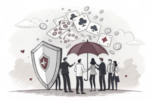 A shield envelops a diverse group of individuals, shielding them from a storm of digital gambling symbols.
