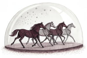 A group of abstract horse figures trotting in un orderly formation under a transparent dome, symbolizing the regulation and transparency brought by the new law to the horse racing industry.