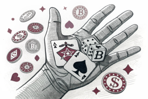A large hand covers a variety of digital gambling symbols and logos, casting a shadow over them.