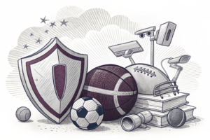 A digital shield blocks access to a stack of sports equipment, while a watchful eye monitors suspicious activities in the background.