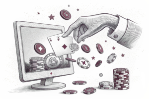 A hand reaching out from a digital screen collects a stream of fading online betting chips.