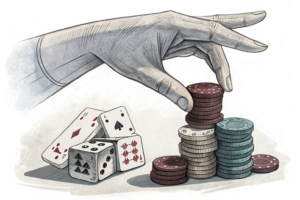 A large hand gently covers a stack of colorful game pieces, casting a shadow over them.