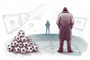 A shadowy figure casts a suspicious gaze over a soccer field where a team struggles with a stack of falling soccer balls.