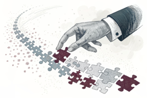 A giant hand tries to block a stream of digital puzzle pieces that keep multiplying and evolving into new forms.