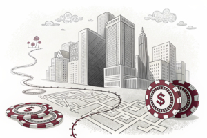 A web of interconnected virtual poker chips flows into a maze of shadowy, overlapping corporate buildings, symbolizing the intricate money laundering scheme of an illegal online gambling organization.