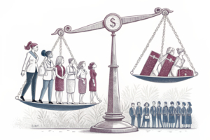 A giant scale balances between a group of female workers and a crowd of female bettors, with regulations and protections on one side and the threat of prohibition on the other.