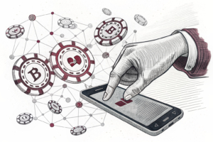 A digital hand reaches out to grab a smartphone, surrounded by a web of interconnected virtual casino chips fading into the background.