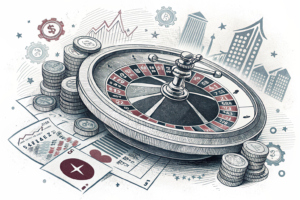 A digital roulette wheel spins rapidly, surrounded by abstract representations of financial growth and compliance certifications.