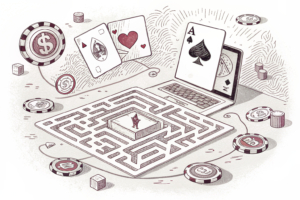 A digital maze of shifting mirrors reflects a network of online casino platforms evading regulatory barriers.