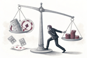 A scale tips towards a shadowy figure representing the illegal market, while a small figure struggles to hold it back, symbolizing the fight against unauthorized gambling platforms.
