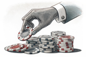 A digital hand hovers over fading physical casino chips, symbolizing the shift towards online gambling and the decline of traditional casinos.