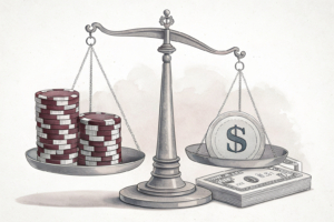 A scale balancing between lower prize amounts and increased frequency, with fading digital rewards on one side and a growing stack of poker chips on the other.