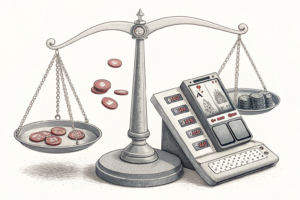 A scale balancing a traditional slot machine and a modern digital device, symbolizing the clash between old and new gambling technologies.