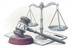 A scale balancing between a digital tax collector and a gavel, representing the conflict between taxing online betting platforms and enforcing legal restrictions.