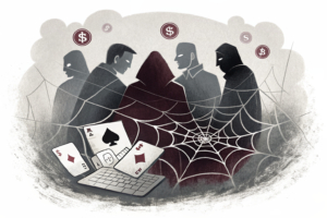 A group of shadowy figures loom over a tangled web of digital gambling platforms, while a barrier of light tries to break through.