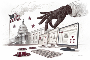 A giant hand casts a shadow over a digital landscape of official government websites, manipulating search results and directing users towards illicit gambling platforms.