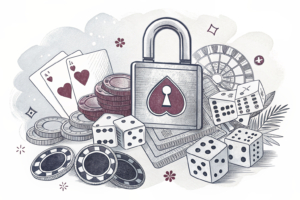 A digital lock symbol hovers over a diverse array of online gambling symbols that slowly fade away.