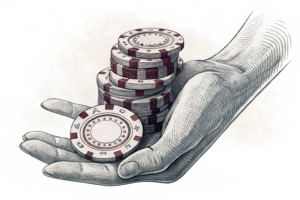 A hand holding a stack of fading digital poker chips symbolizing fluctuating spending in private gambling establishments.