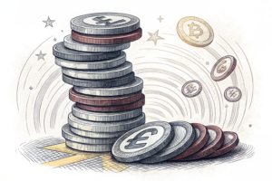 A towering stack of colorful digital coins with a portion disappearing into a vortex, symbolizing the increase in social allocations from Brazilian lottery earnings.