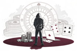 A shadowy figure oversees a digital casino operation, with faceless individuals acting as intermediaries between gamblers and online platforms.