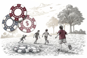 A group of children play soccer in a field surrounded by digital gambling chips fading away, symbolizing the need for prevention and early detection of problematic gambling among minors.