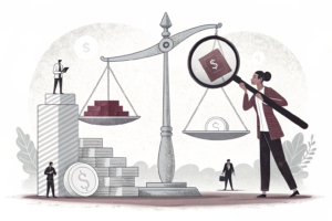 A scale balancing a stack of abstract shapes representing financial agreements, overseen by a figure with a magnifying glass analyzing the details.