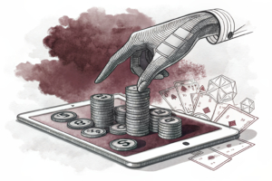 A giant hand hovers over a digital gambling platform, casting a shadow over stacks of virtual coins, symbolizing the opacity and control of online betting operations.