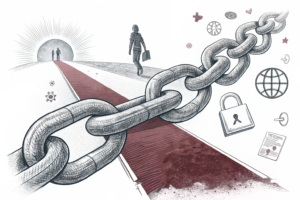 A broken chain link symbolizes the struggle against addiction, with a path leading towards a network of support and treatment.