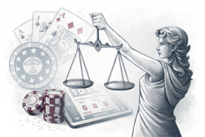 A hand holding a scale of justice with a blurred digital gambling platform in the background.