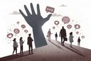 A giant hand casts a shadow over a digital landscape of influencers, as their content fades into darkness.