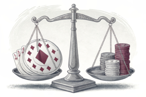 A scale balancing financial education and mental health support against the risks of gambling, with a spotlight on the consequences of excessive betting.