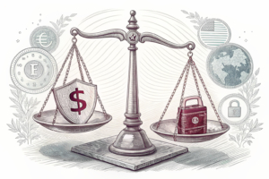 A scale weighing between legal and unauthorized gambling operators tips towards the side of regulation, while a digital barrier prevents the flow of resources to unapproved entities.