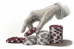A new hand takes over a stack of gaming tokens as the old ones fade into the background.