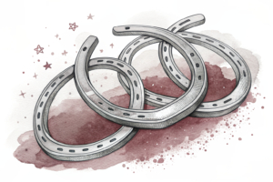 A group of intertwined horseshoes forms a circular path around a glowing finish line, symbolizing the integration of trotting into the official horse racing regulations.