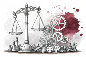A towering, intricate mechanism of interlocking gears and scales rises to encompass a chaotic field of abstract game pieces, replacing a simpler, crumbling foundation.
