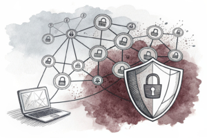 A digital web of interconnected domains hovers over a shield, symbolizing protection and vigilance against fraudulent activities in the online gaming sector.