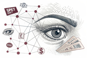 A digital eye scans a web of interconnected sports betting transactions, highlighting suspicious patterns in a sea of data.
