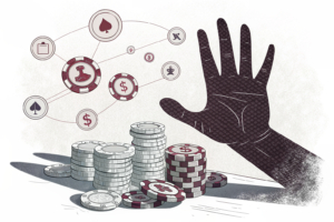 A towering hand casts a shadow over a digital landscape of fading gambling chips, symbolizing the challenges of regulating online gambling and the proliferation of clandestine platforms.