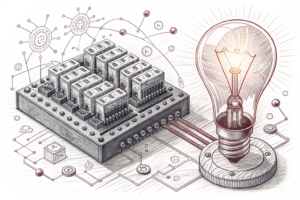 A complex, unactivated mechanism designed to generate numerous small, uniform components stands dormant, while an amorphous, glowing digital current flows freely and uncontained beside it.