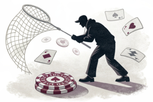 A shadowy figure casts a net over a digital gambling platform, trapping it in a web of unauthorized operations and lack of user protection.