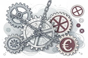 A tangled web of interconnected gears and chains symbolizes the economic impact of the betting ban, with gears grinding to a halt and chains breaking under pressure.