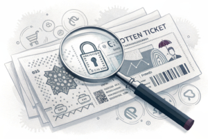 A magnifying glass reveals intricate security features within a translucent lottery ticket, surrounded by hidden codes and invisible ink.