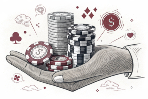 A giant hand holds a stack of digital chips, representing the control over the payment system for workers in the gambling sector.