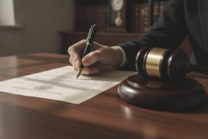A close-up, low-angle shot captures a hand holding a pen, poised to sign a formal document spread open on a polished wooden surface. Beside the document, a heavy, dark wooden gavel rests prominently, its head slightly angled towards the viewer, suggesting authority and finality. The lighting is dramatic, casting subtle shadows that emphasize the textures of the paper and wood, creating a serious and decisive mood. The background is softly blurred, hinting at a formal, institutional setting without revealing specific details. The composition conveys a moment of significant legal action and official endorsement.