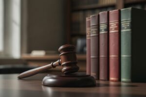 A heavy, dark wooden gavel rests firmly on a polished sound block, positioned centrally in the foreground. Behind it, a stack of several thick, leather-bound legal tomes stands upright, their pages tightly bound and their covers showing a rich, deep hue. The composition is stark and authoritative, with strong, directional lighting casting dramatic shadows that emphasize the textures of the wood and aged leather. The mood is one of solemnity, gravity, and the unwavering presence of legal authority.
