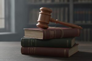 A robust, polished wooden gavel rests firmly on a stack of aged, leather-bound law books. The gavel's head is positioned to suggest a recent or impending strike, conveying authority and the finality of legal pronouncements. The books, with their thick spines, symbolize the established legal framework and the new legislation being crafted. The scene is lit with a focused, dramatic light, casting deep shadows that emphasize the solemnity and gravity of the legal process. The overall mood is one of serious deliberation and the unwavering pursuit of justice.