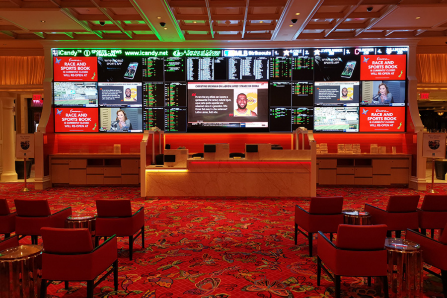 The BetMGM Sportsbook features a 500-square-foot video wall.