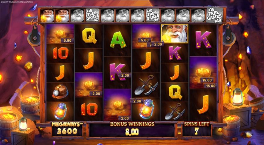 Lucky Nuggets Megaways™ features an explosive gameplay that sees players dig deep to capture golden riches.