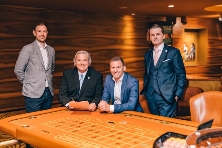 Stuart Hunter, Managing Director, Clarion Gaming, ECA Chairman, Erwin van Lambaart, Alex Pratt, Group Managing Director at Clarion Gaming and ECA Secretary General Hermann Pamminger confirm the extension to the ICE ECA strategic partnership through to 2029.