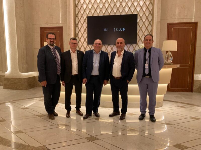 City of Dreams management members Georgios Seretis (from left to right), Aristotelis Kofas (Merkur), Lykourgos Vasmanolis, Athanasios “Sakis” Isaakidis (Merkur Gaming’s Chief Executive, International) and Stelios Tsiotrelis welcome the opening of City of Dreams Mediterranean.